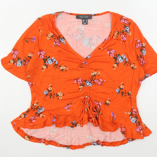 Primark Womens Orange Floral Viscose Basic Blouse Size 12 V-Neck