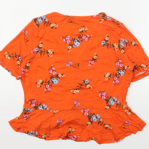 Primark Womens Orange Floral Viscose Basic Blouse Size 12 V-Neck