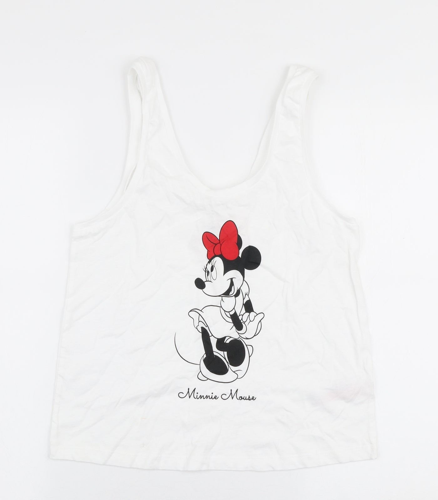 Primark Womens White  100% Cotton Jersey Tank Size 10 Round Neck - Disney Minnie mouse