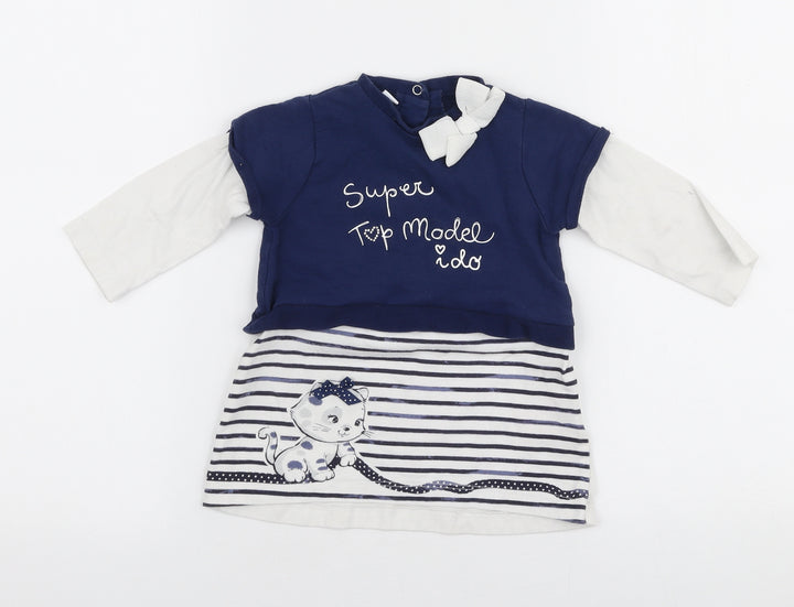 Mini Conf Girls Multicoloured Striped 100% Cotton A-Line Size 12-18 Months Round Neck Snap - Cat