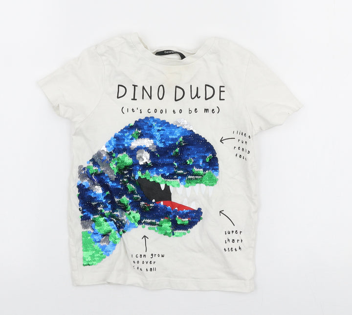 George Boys White  100% Cotton Jersey T-Shirt Size 18-24 Months Round Neck Pullover - Dinosaur