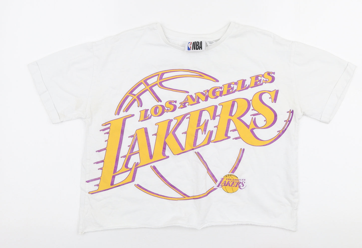 Primark Girls White  Cotton Cropped T-Shirt Size 12-13 Years Round Neck Pullover - Los angeles lakers