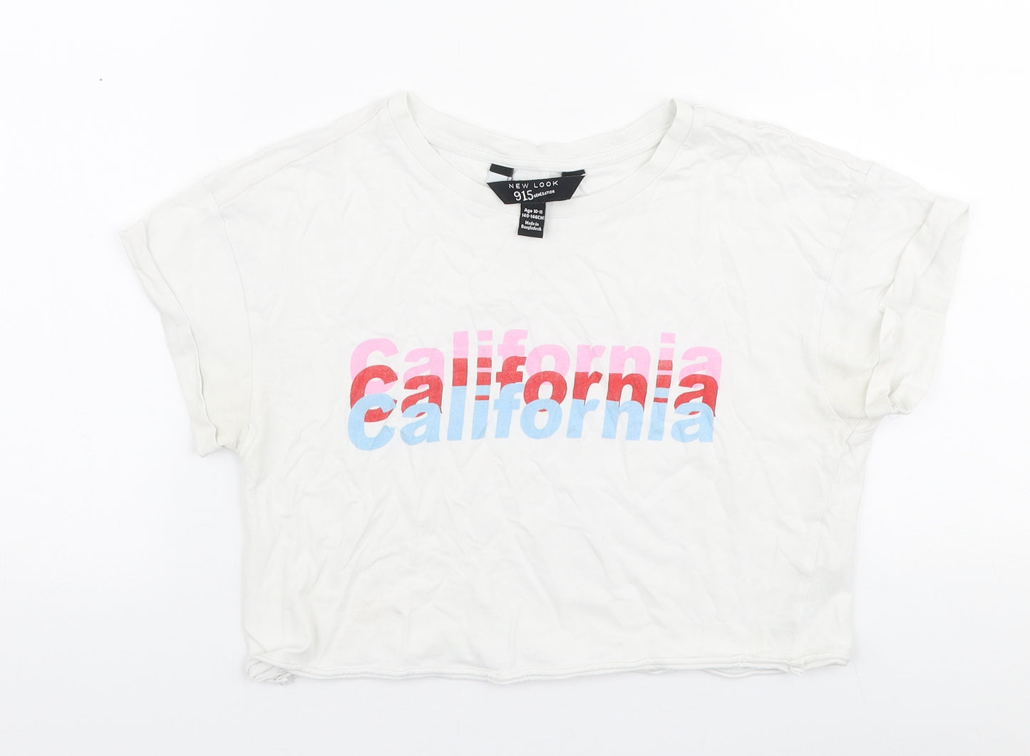 New Look Girls White  Cotton Cropped T-Shirt Size 10-11 Years Round Neck Pullover - California