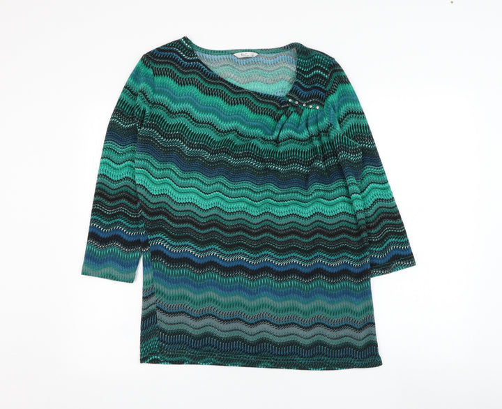 Klass Womens Green V-Neck Geometric Polyester Pullover Jumper Size M