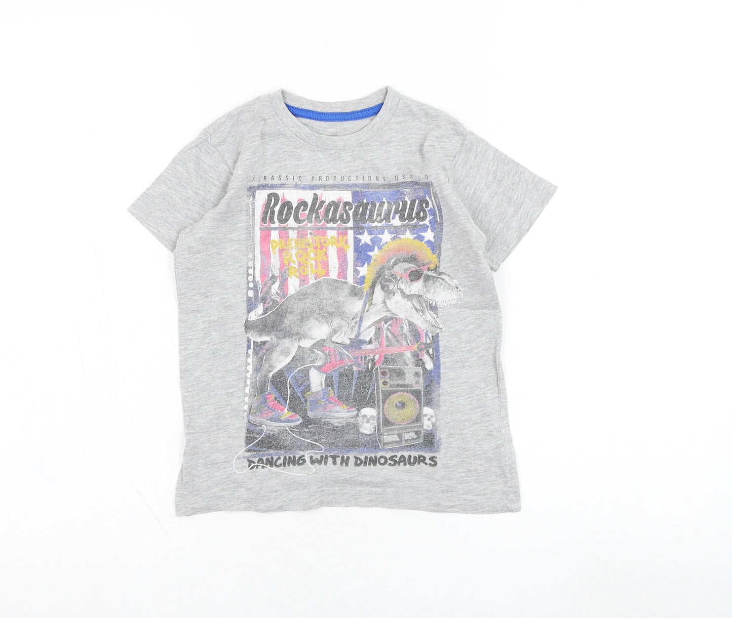 Dunnes Stores Boys Grey  Cotton Basic T-Shirt Size 5 Years Round Neck Pullover - Dinosaur