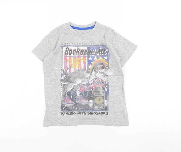Dunnes Stores Boys Grey  Cotton Basic T-Shirt Size 5 Years Round Neck Pullover - Dinosaur