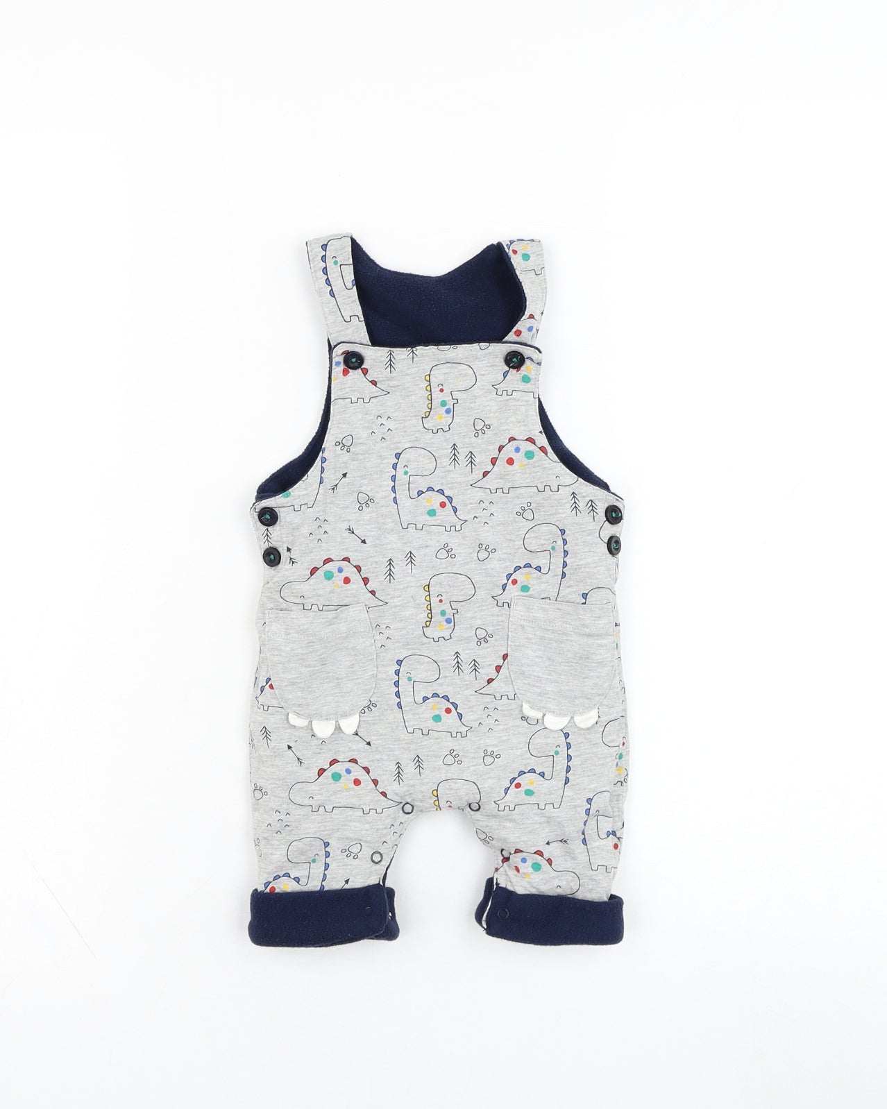 Hullabaloo Boys Grey  Cotton Dungaree One-Piece Size 0-3 Months  Button - Dinosaur