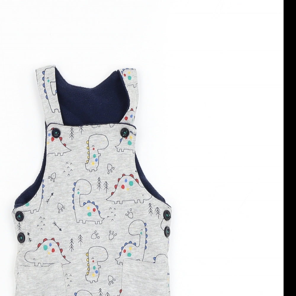Hullabaloo Boys Grey  Cotton Dungaree One-Piece Size 0-3 Months  Button - Dinosaur