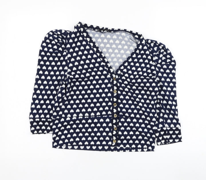QED London Womens Blue V-Neck Polyester Cardigan Jumper Size M - Heart