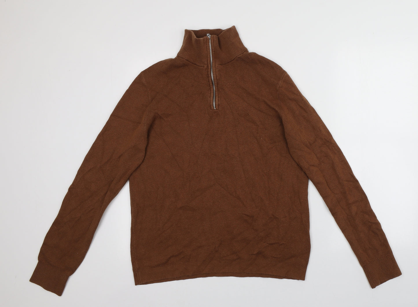 H&M Mens Brown Collared  Cotton Pullover Jumper Size M