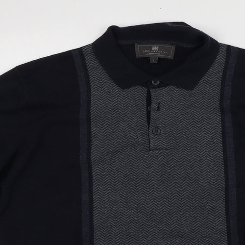 Marks and Spencer Mens Blue Collared  Cotton Pullover Jumper Size L