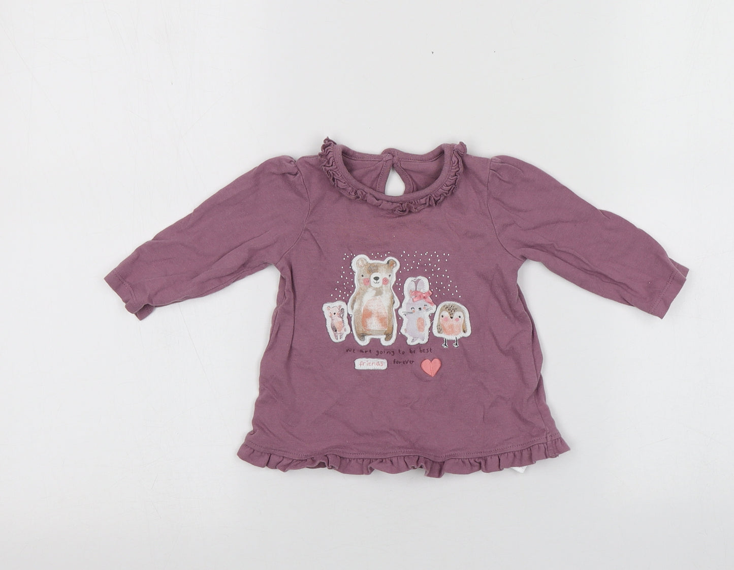 George Girls Purple  Cotton Basic T-Shirt Size 3-6 Months Round Neck  - animal design