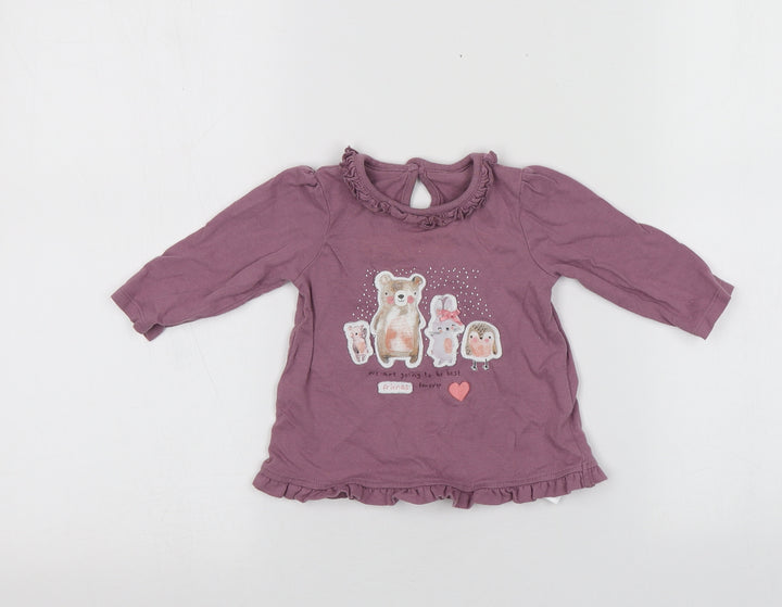 George Girls Purple  Cotton Basic T-Shirt Size 3-6 Months Round Neck  - animal design