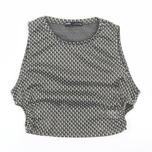 Pull & Bear Womens Green Geometric Polyester Cropped Tank Size M Crew Neck - Cut Out Sides