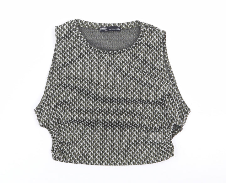 Pull & Bear Womens Green Geometric Polyester Cropped Tank Size M Crew Neck - Cut Out Sides