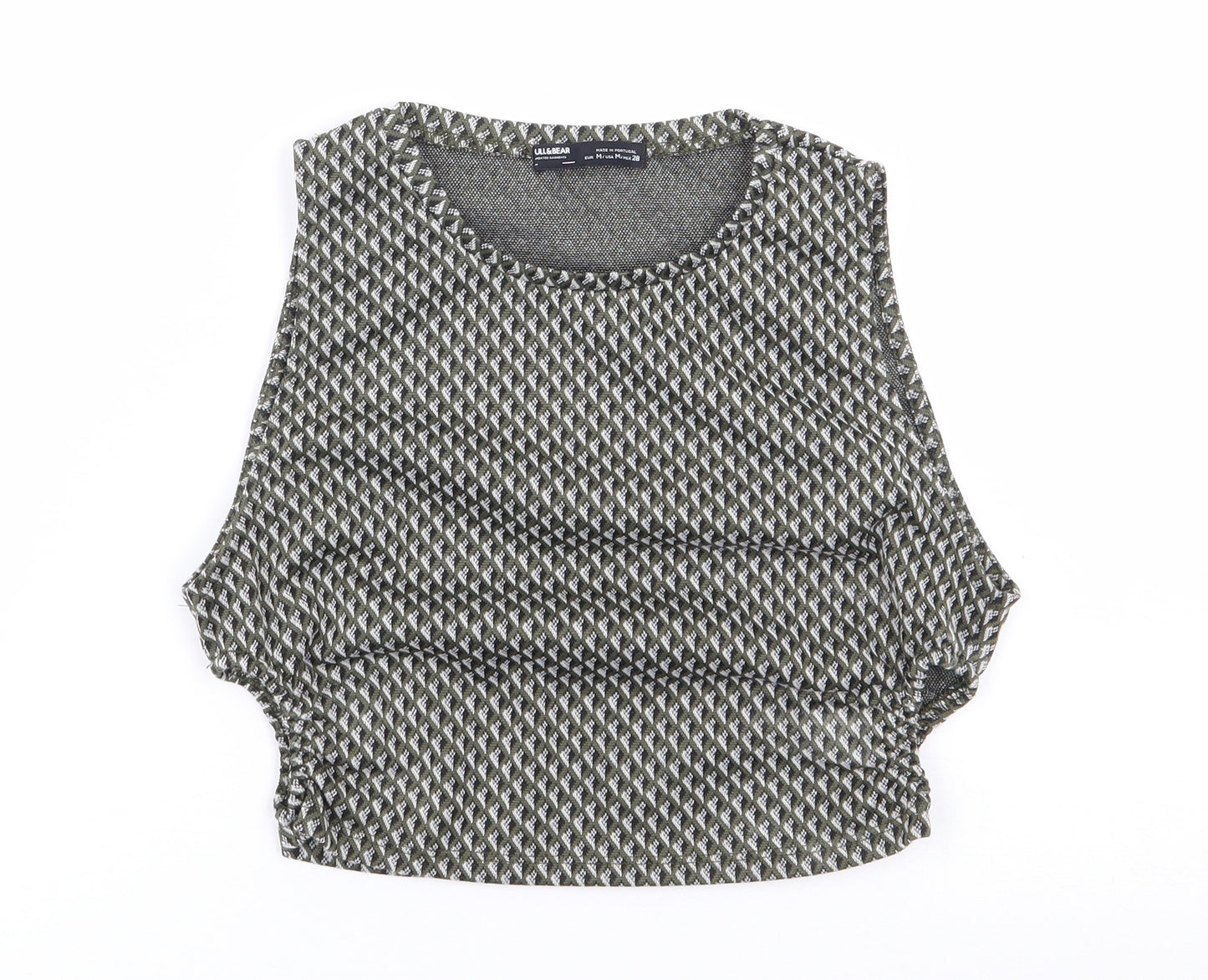 Pull & Bear Womens Green Geometric Polyester Cropped Tank Size M Crew Neck - Cut Out Sides