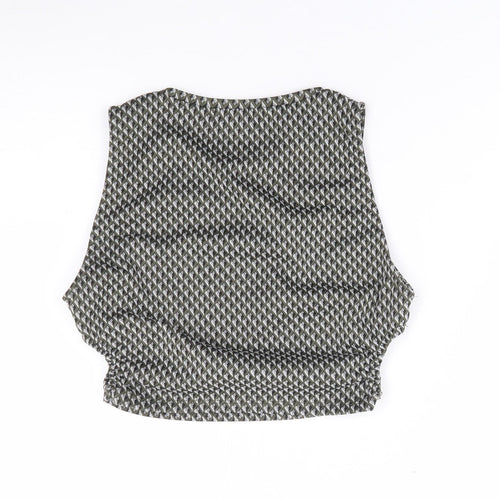 Pull & Bear Womens Green Geometric Polyester Cropped Tank Size M Crew Neck - Cut Out Sides