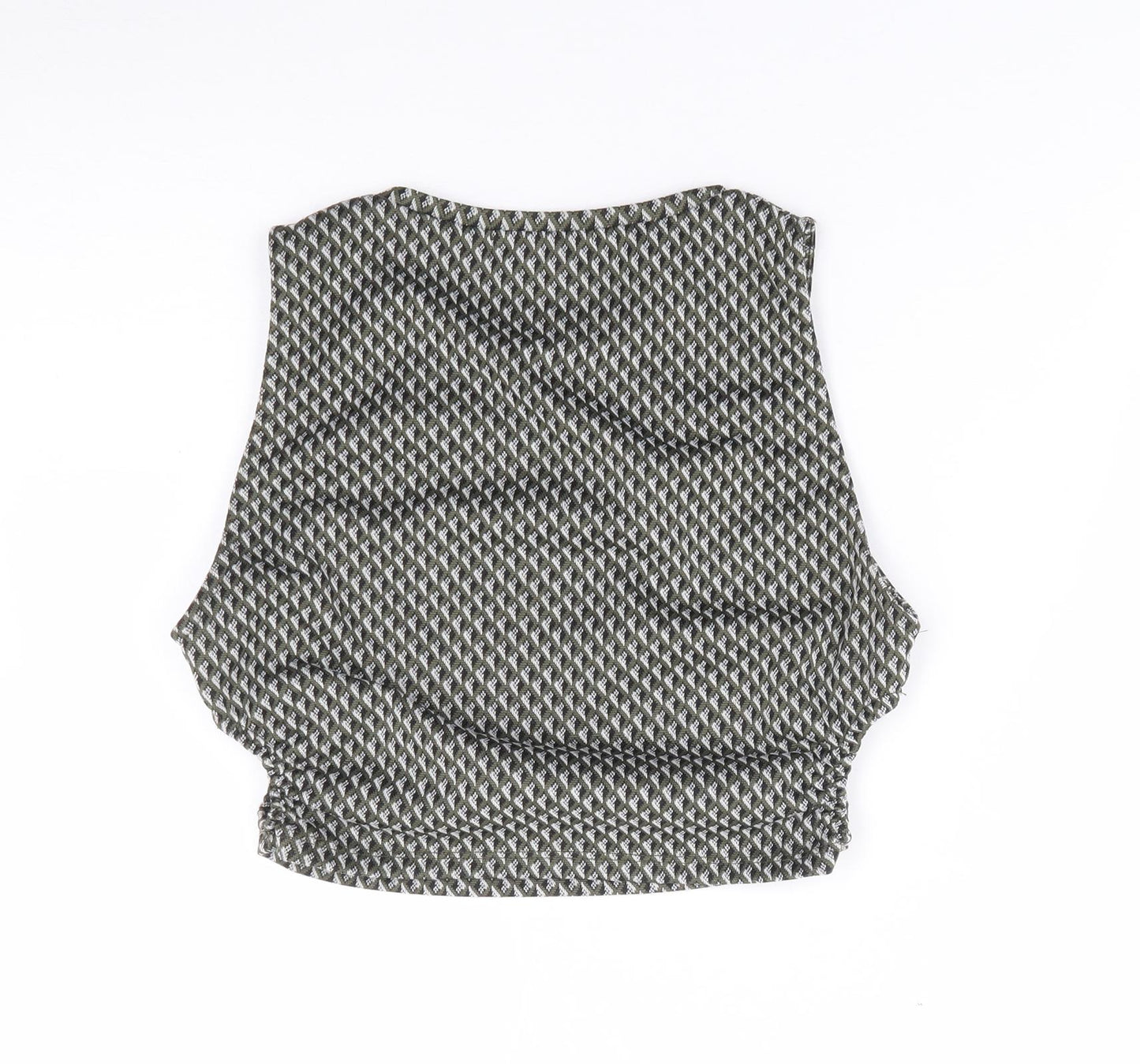 Pull & Bear Womens Green Geometric Polyester Cropped Tank Size M Crew Neck - Cut Out Sides