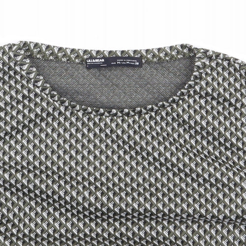 Pull & Bear Womens Green Geometric Polyester Cropped Tank Size M Crew Neck - Cut Out Sides