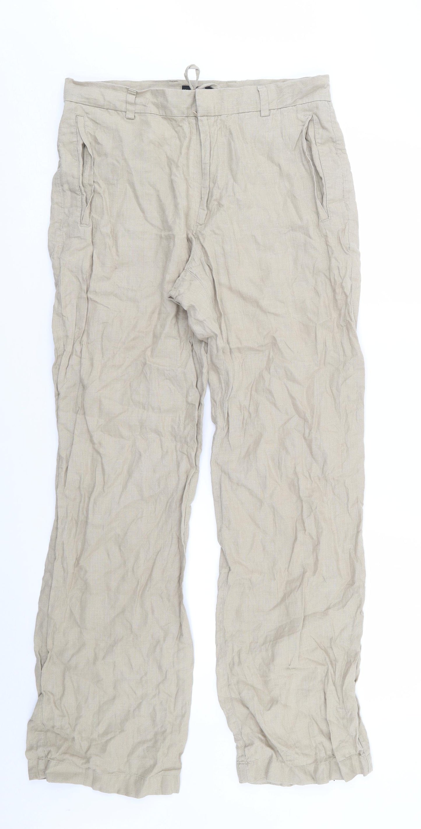 NEXT Mens Beige  Linen Chino Trousers Size 32 L31 in Regular Zip