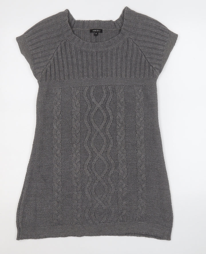 Amisu Womens Grey Acrylic A-Line Size S Round Neck