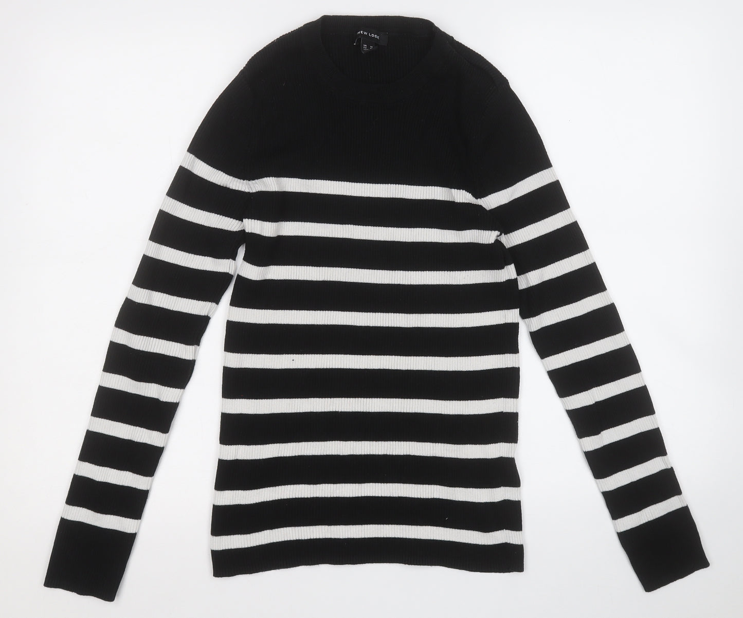 New Look Womens Black Round Neck Striped Acrylic Pullover Jumper Size 14