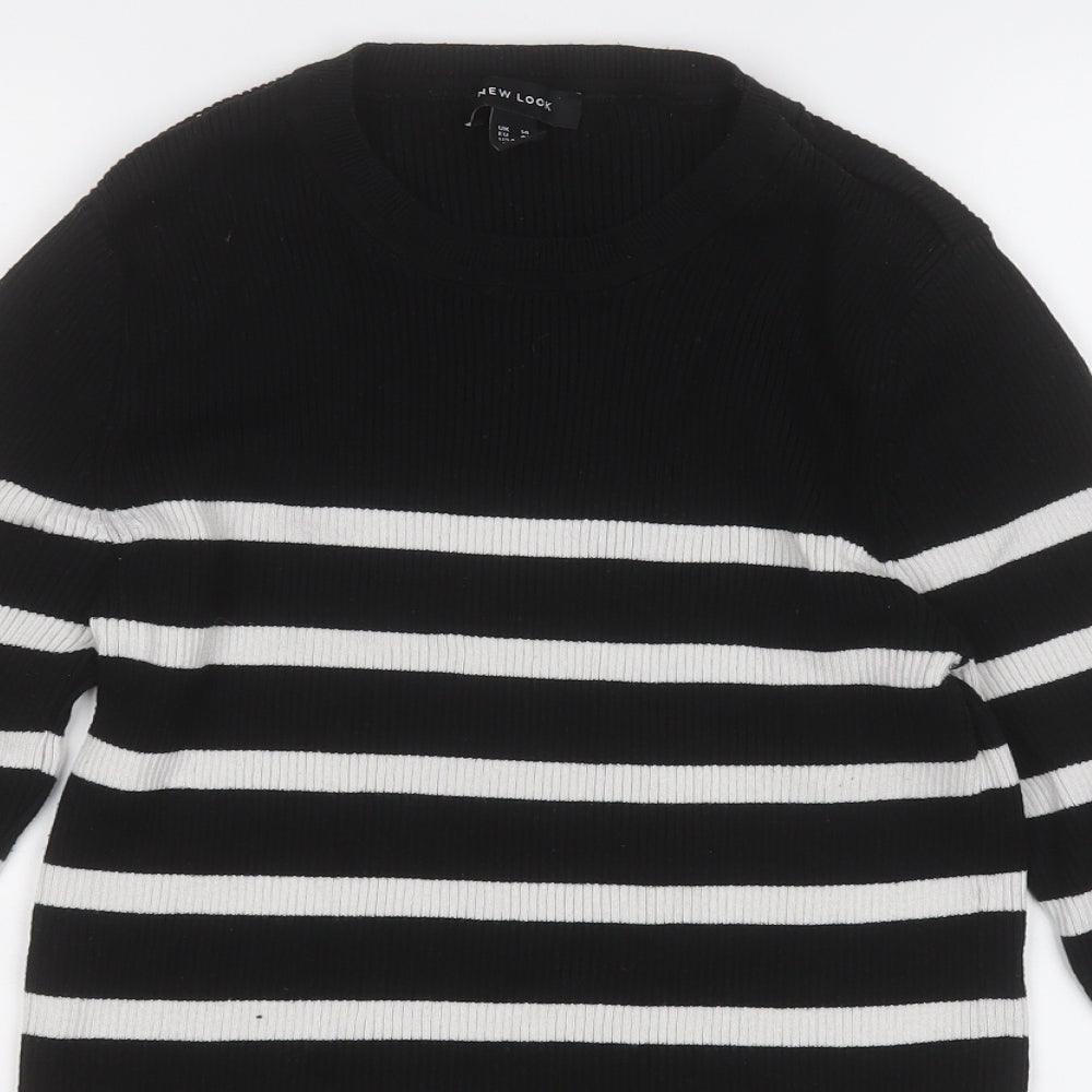 New Look Womens Black Round Neck Striped Acrylic Pullover Jumper Size 14