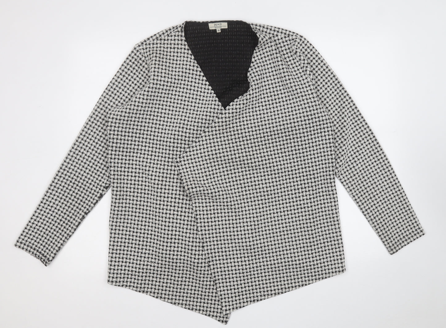 Papaya Womens White V-Neck Plaid Polyester Pullover Jumper Size 18