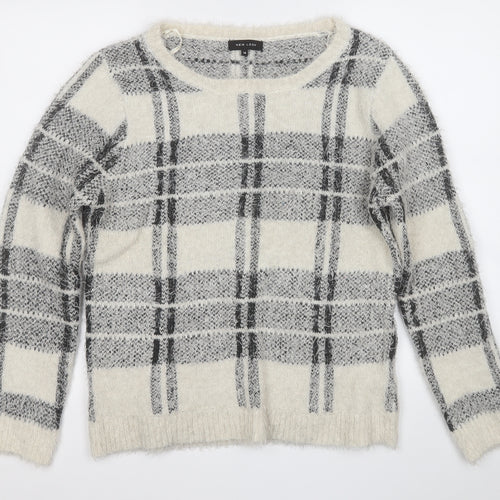New Look Womens Grey Round Neck Plaid Acrylic Pullover Jumper Size 14