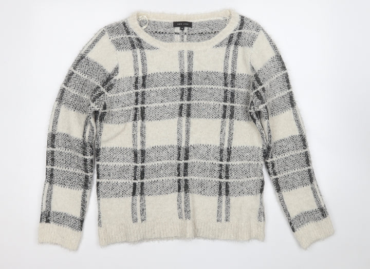 New Look Womens Grey Round Neck Plaid Acrylic Pullover Jumper Size 14