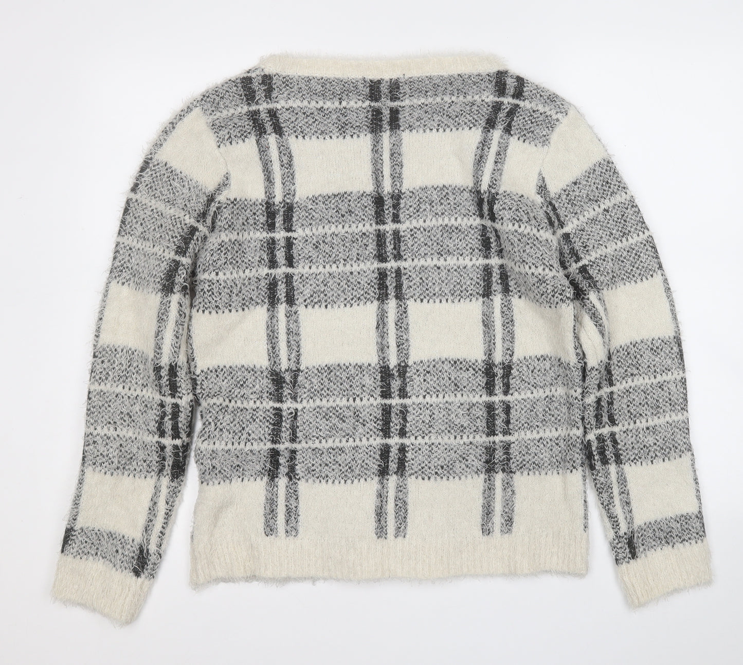 New Look Womens Grey Round Neck Plaid Acrylic Pullover Jumper Size 14