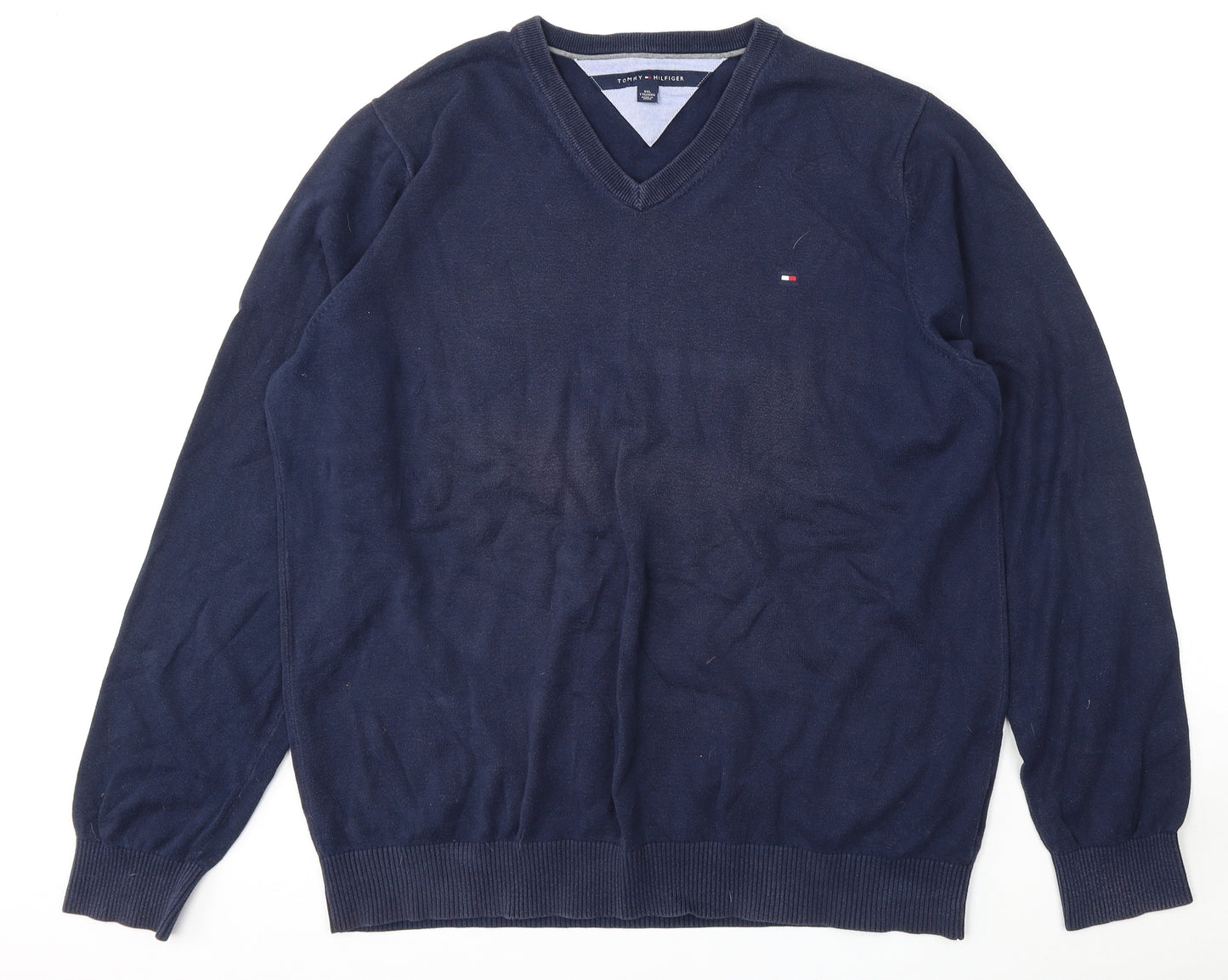 Tommy Hilfiger Mens Blue V-Neck  Cotton Pullover Jumper Size 2XL