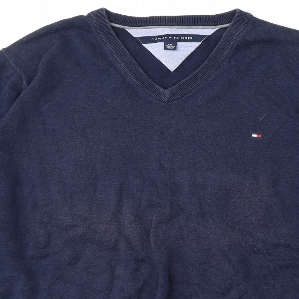 Tommy Hilfiger Mens Blue V-Neck  Cotton Pullover Jumper Size 2XL