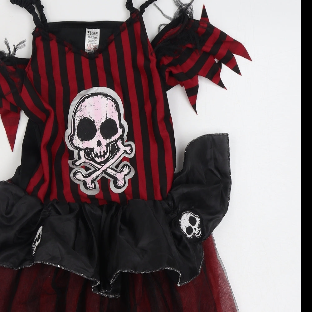 Tesco Girls Red Striped Polyester Ball Gown  Size 11-12 Years  Square Neck Pullover - Pirate