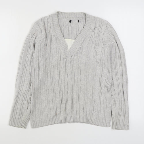 BM Mens Grey V-Neck  Cotton Pullover Jumper Size M
