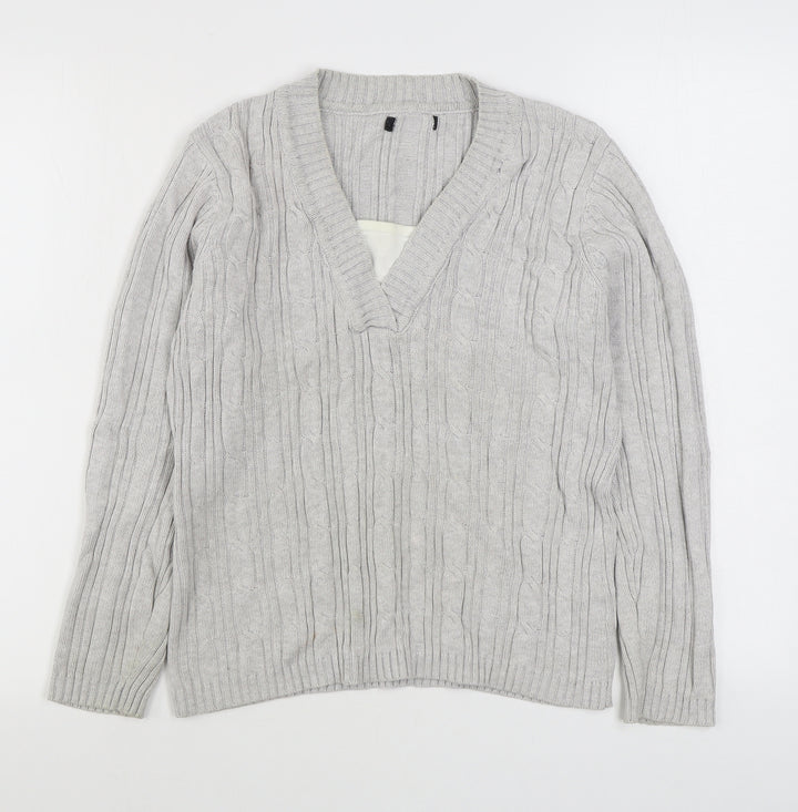 BM Mens Grey V-Neck  Cotton Pullover Jumper Size M
