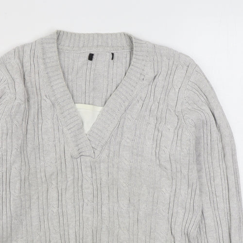BM Mens Grey V-Neck  Cotton Pullover Jumper Size M