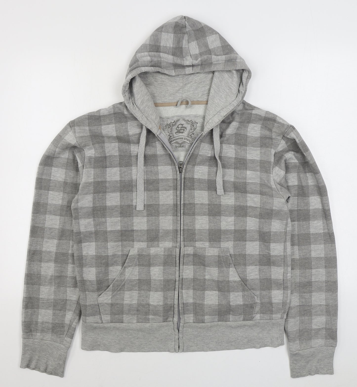 Cedar Wood State Mens Grey Check Cotton Full Zip Hoodie Size S