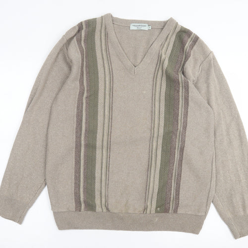 Greenwoods Mens Brown V-Neck Striped Cotton Pullover Jumper Size M
