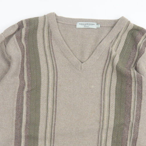 Greenwoods Mens Brown V-Neck Striped Cotton Pullover Jumper Size M