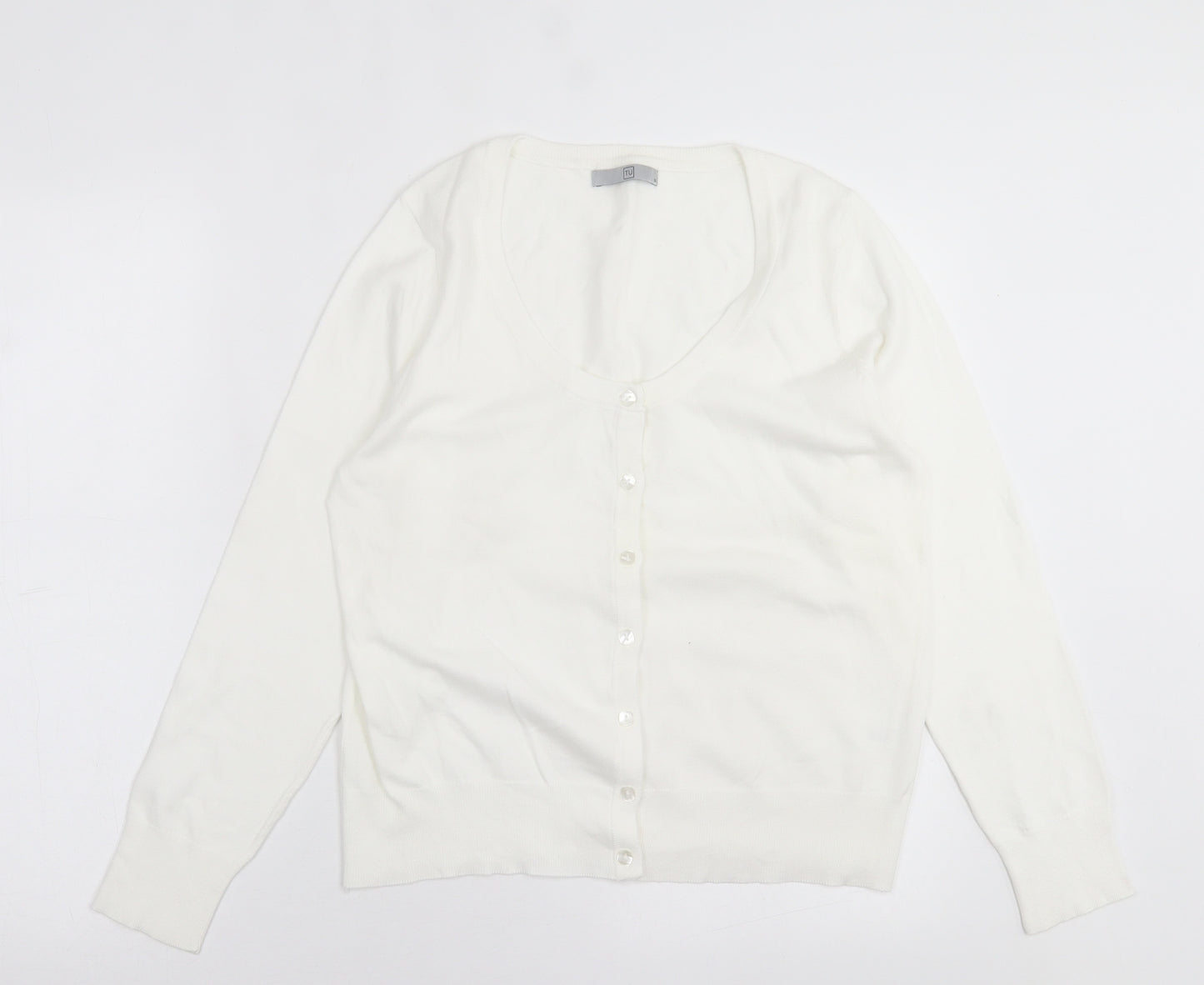 TU Womens White Crew Neck  Cotton Cardigan Jumper Size 14