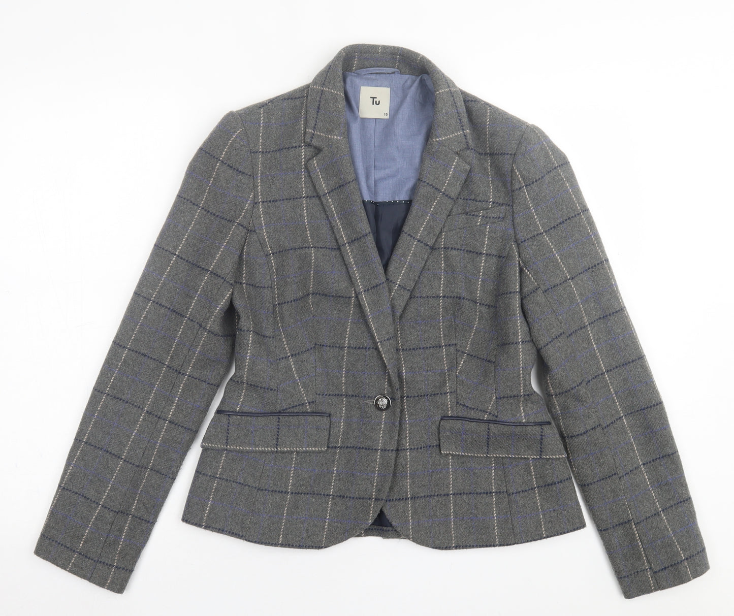 TU Womens Grey Plaid  Jacket Blazer Size 10  Button
