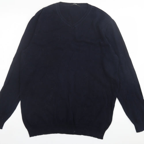 George Mens Blue V-Neck  Cotton Pullover Jumper Size M