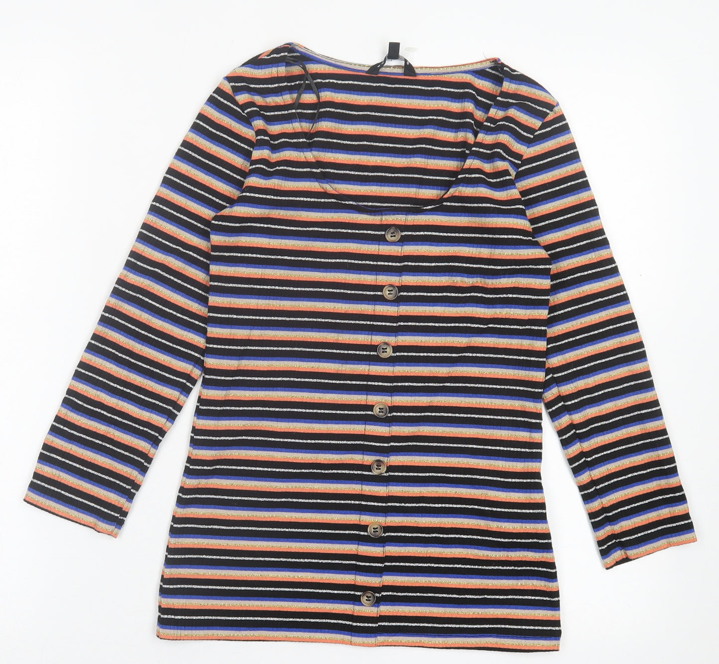 Peacocks Womens Orange Striped Polyester Basic T-Shirt Size 10 Crew Neck
