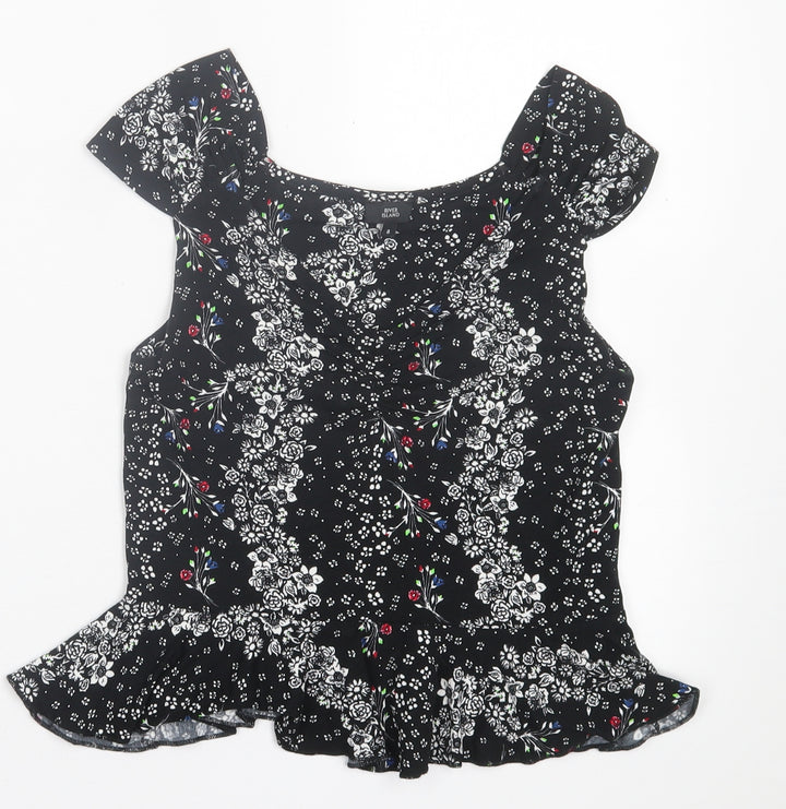 River Island Womens Black Floral Viscose Basic T-Shirt Size 8 V-Neck