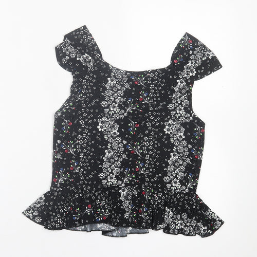 River Island Womens Black Floral Viscose Basic T-Shirt Size 8 V-Neck