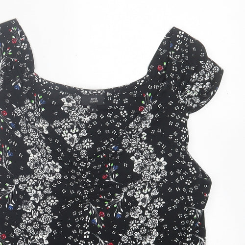 River Island Womens Black Floral Viscose Basic T-Shirt Size 8 V-Neck
