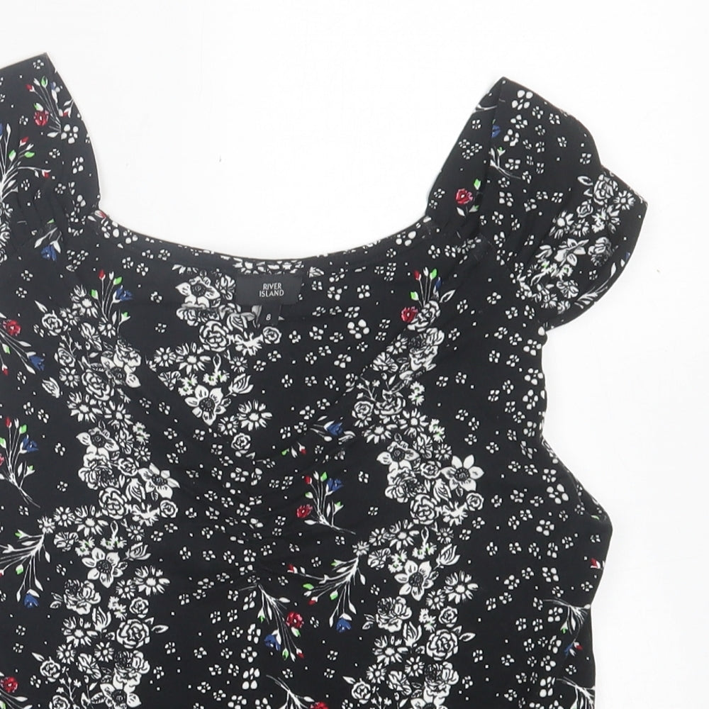 River Island Womens Black Floral Viscose Basic T-Shirt Size 8 V-Neck