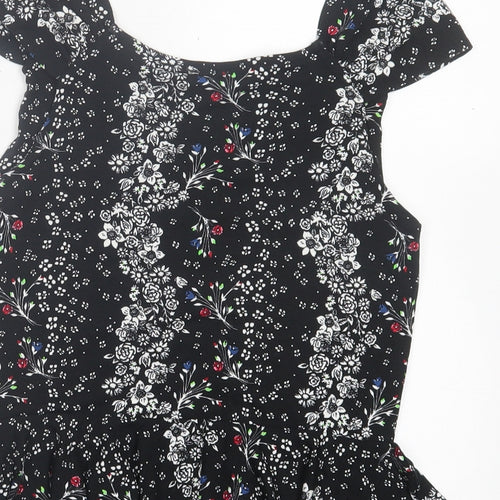 River Island Womens Black Floral Viscose Basic T-Shirt Size 8 V-Neck