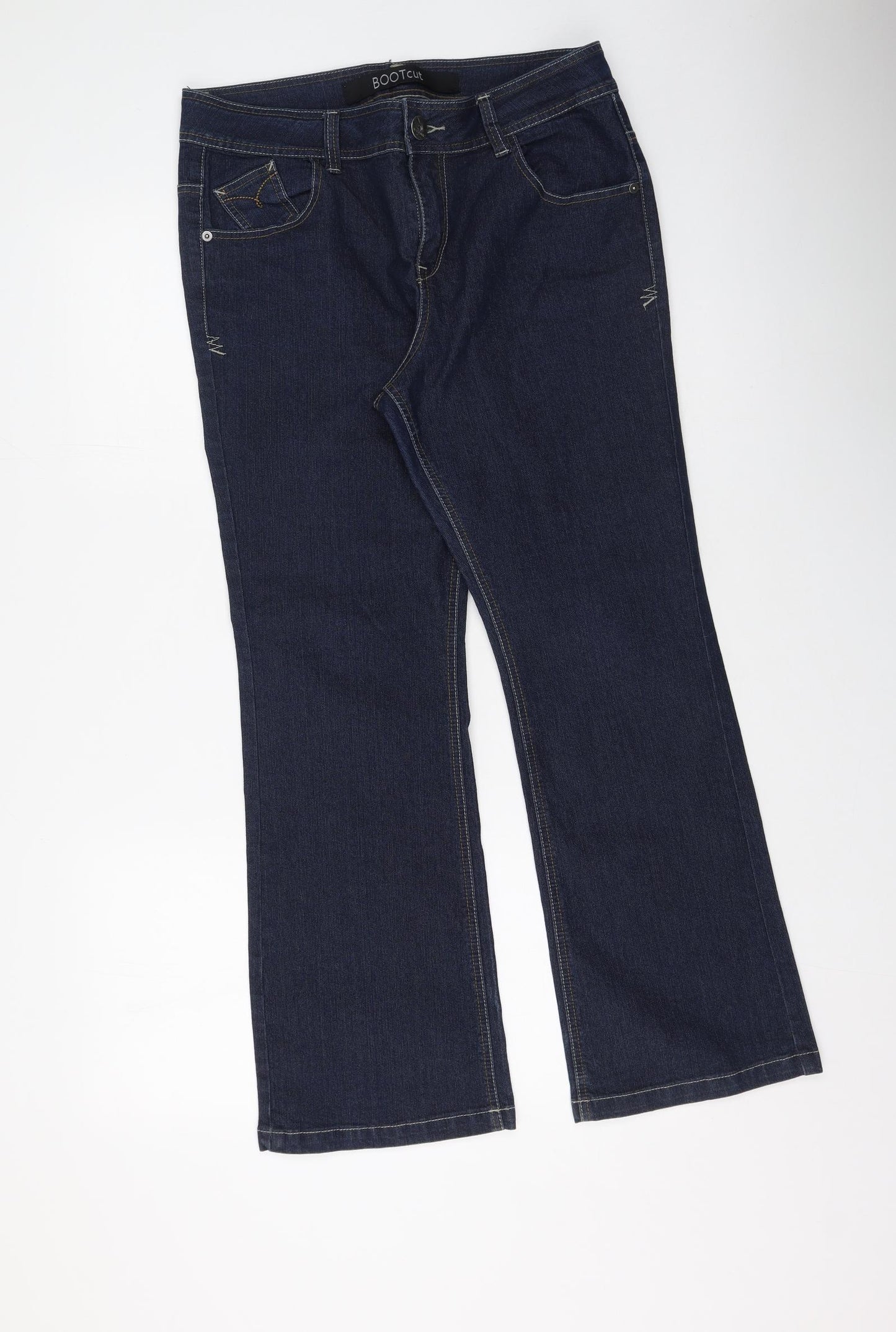 Preworn Womens Blue  Cotton Bootcut Jeans Size 14 L28.5 in Regular